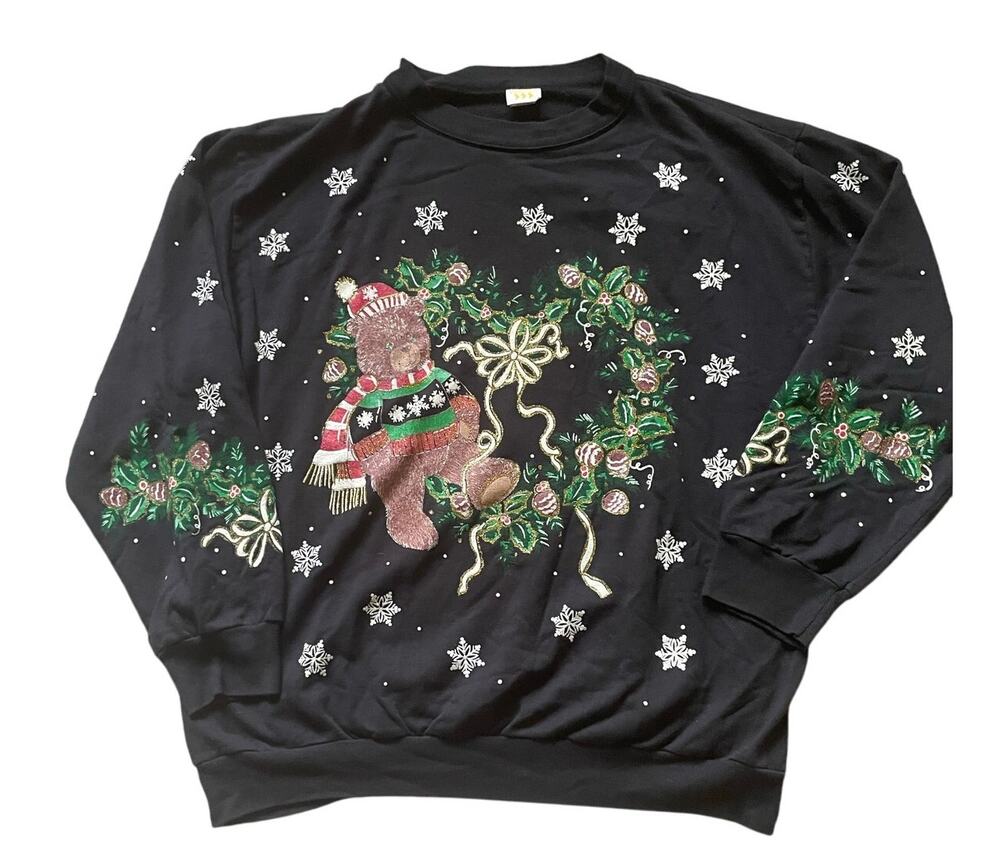 Holiday Teddy Bear Winter Sweater Size Large Sweater Wreath Loungewear Retro